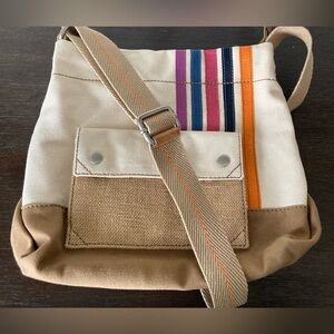 Fossil Canvas Cross Body Messenger Bag Purse Striped Tan Multicolor